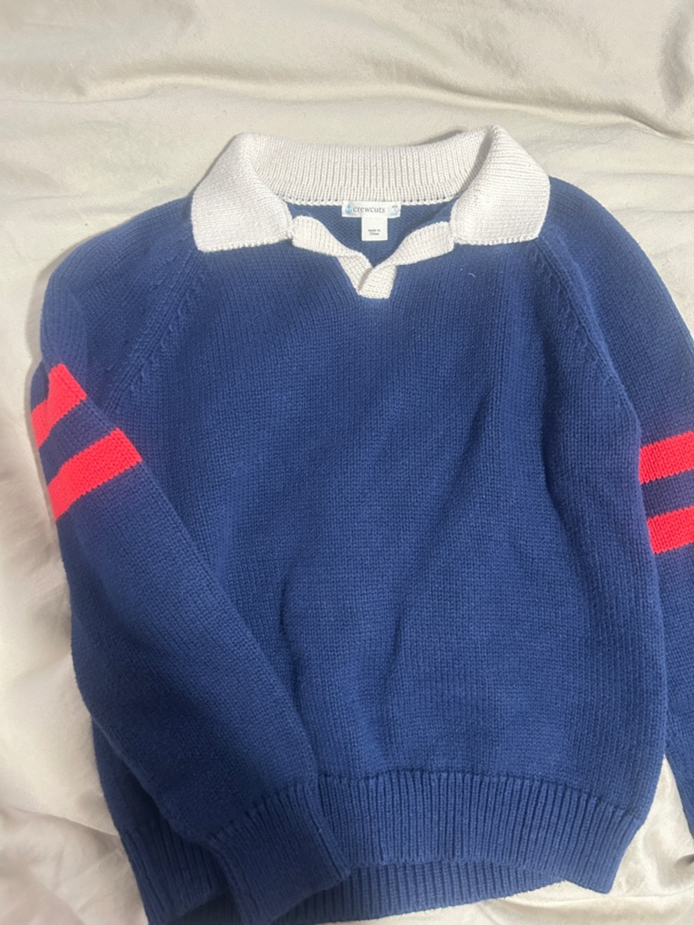 Crewcuts Men’s Navy Polo-Style Sweater with White Collar and Red Sleeve Stripes